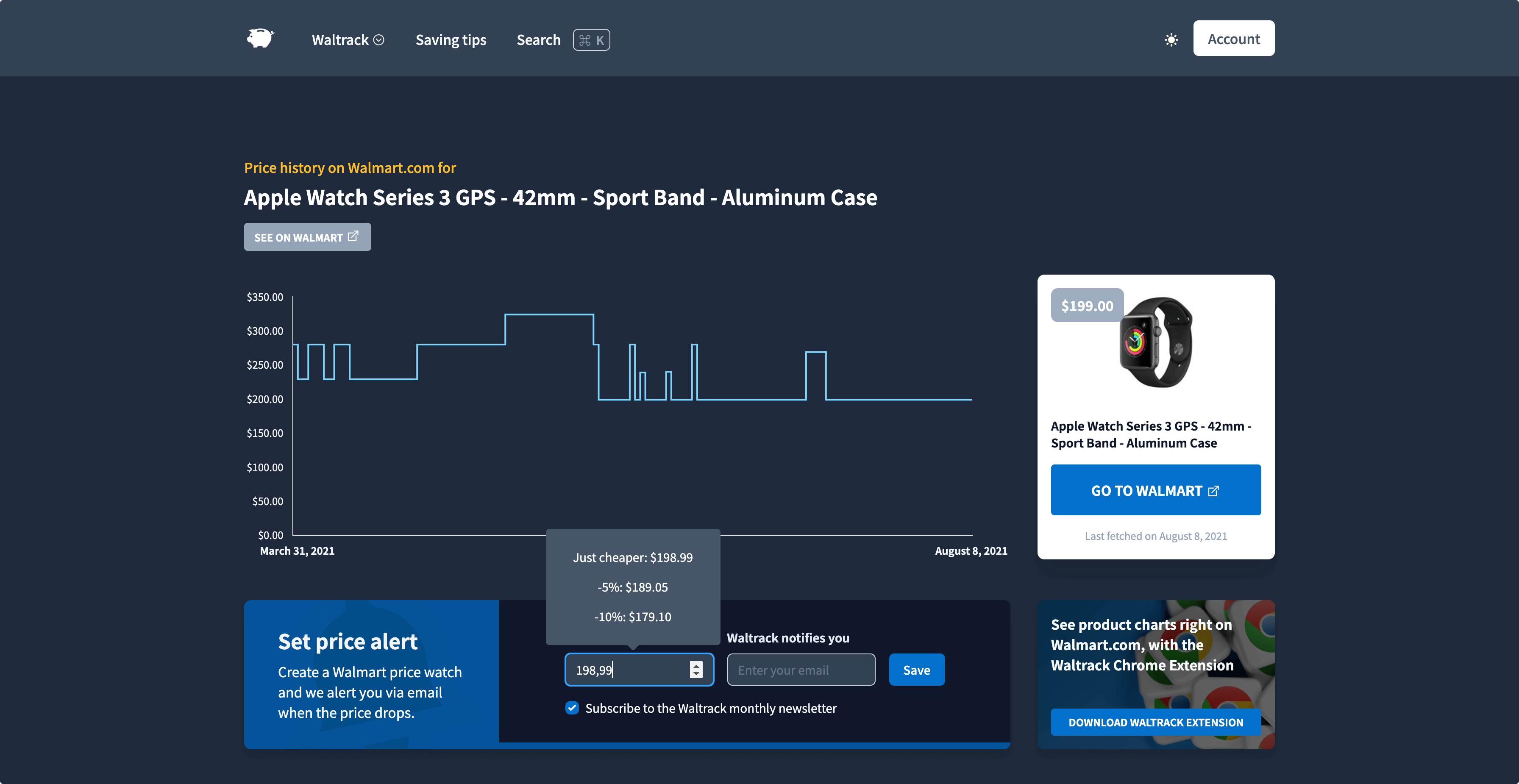 Screenshot of Prijzenvolger.com on large screens in dark mode